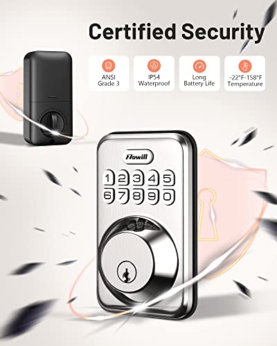 Keyless Entry Lock for Front Door, Zowill Electronic Keypad Deadbolt Smart Auto Lock, Anti-Peeping Password, 20 Customizable User Codes, IP54 Weatherproof, Easy to Install , Satin Nickel