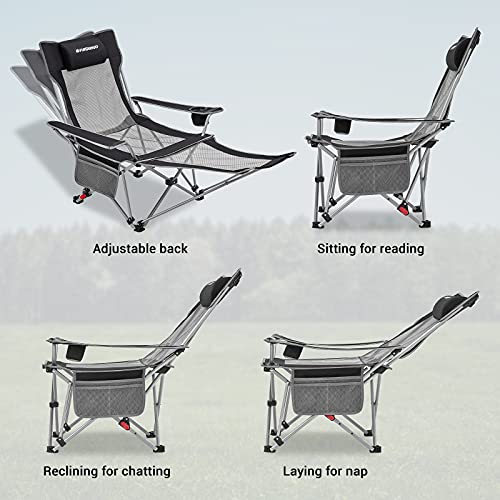 FUNDANGO 2-Pack Reclining Camping Chair with Foot Rest, Portable Mesh Folding Lounge Chairs, Adjustable Chaise Lawn Chair with Headrest, Cup Holder, Storage Bag, for Outdoor Picnics BBQ