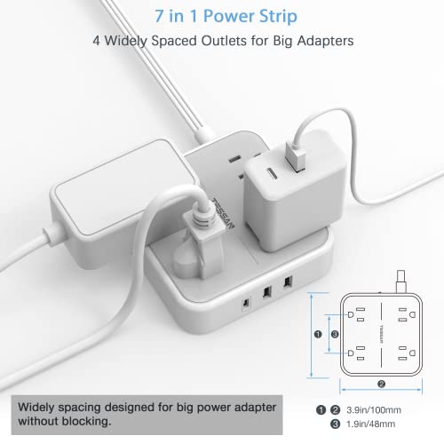 Flat Plug Power Strip, TESSAN 5 ft Ultra Thin Extension Cord with 3 USB Wall Charger(1 USB C Port), 4 Outlets Slim Desk Charging Station Compact for Travel, Office, School, Dorm Room Essentials