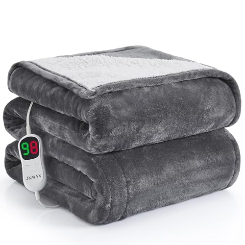 JKMAX Heated Blanket Electric Throw - 50"x60" Electric Heating Blanket 10 Heat Setting 5 Levels Auto-Off Heated Throw Blanket Overheat Protection Soft Flannel Sherpa Electric Blanket ETL Certified