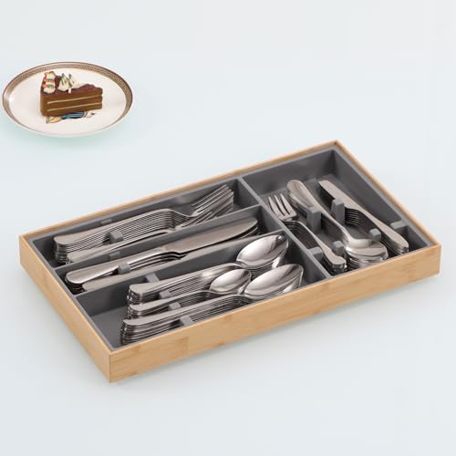 Hitseon Silverware Drawer Organizer, 4 Slots Silicone Natural Bamboo Utensil Organizer for Kitchen Drawer Countertop, Durable Sturdy Silverware Tray with Grooves for Kids Adults Flatware (Gray)