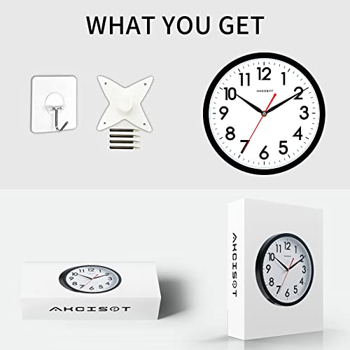 AKCISOT Wall Clock Silent Non Ticking Modern Wall Clocks Battery Operated 10 Inch, Analog Small Classic Clock Decorative for Bedroom, Kitchen, Home Office, Bathroom, School, Living Room (Black)