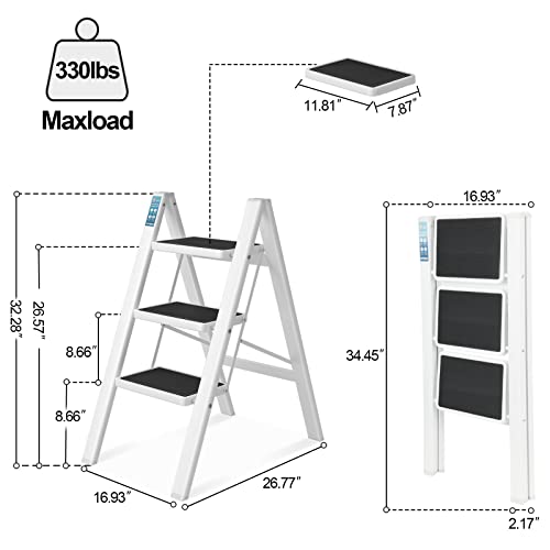 3 Step Ladder, SPIEEK Folding Step Stool with Wide Anti-Slip Thickened Pedal, Foldable Ladder 330 Lbs Capacity, Kitchen Step Stool for Adults, Lightweight Folding Ladder, White