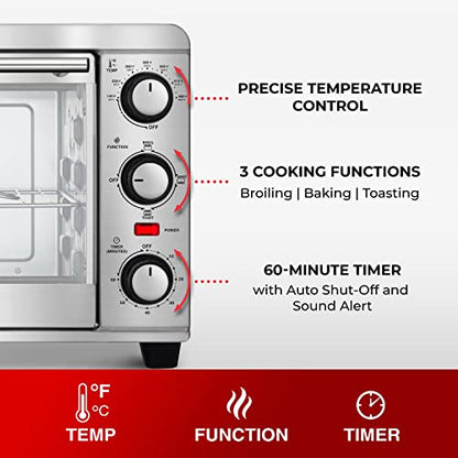 Mueller AeroHeat Convection Toaster Oven, 8 Slice, Broil, Toast, Bake, Stainless Steel Finish, Timer, Auto-Off - Sound Alert, 3 Rack Position, Removable Crumb Tray, Accessories and Recipes