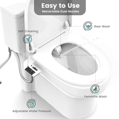 Aresmata Bidet Attachment for Toilet Unique Dual Retractable Nozzles Badays for Toilets Seat, Non-Electric Self-Cleaning Fresh Water Sprayer, Adjustable Water Pressure Bidets for Existing Toilets