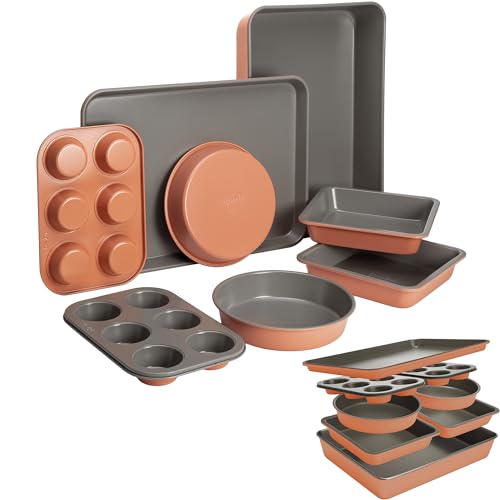 Goodful All-In-One Nonstick Bakeware Set, Stackable and Space Saving Design includes Round and Square Pans, Muffin Pans, Cookie Sheet and Roaster, Dishwasher Safe, 8-Piece, Terracotta