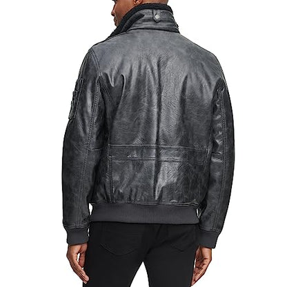 Tommy Hilfiger Men's Faux Leather Bomber Jacket, Black/Patches