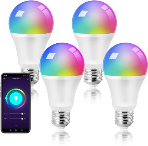 Smart Light Bulbs, E26 A19 Multicolor WiFi RGB Color Changing Light Bulbs, Dimmable, Compatible with Alexa/Google Assistant and Remote App Control, 800LM, 2800~6000K, 4pack