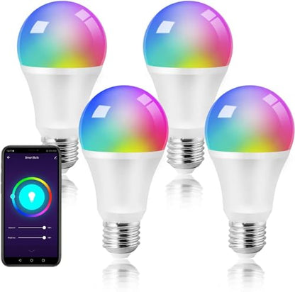 Smart Light Bulbs, E26 A19 Multicolor WiFi RGB Color Changing Light Bulbs, Dimmable, Compatible with Alexa/Google Assistant and Remote App Control, 800LM, 2800~6000K, 4pack