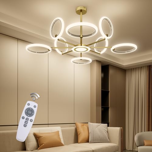 OUQI Dimmable Ceiling Light Fixture,Led Flush Mount Ceiling Light, Morden Gold Round Chandelier,7000K Ceiling Lights With Remote,Adjustable highness Chandelier For Dinning Room, Living Room,Bedroom