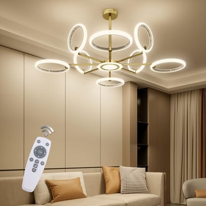 OUQI Dimmable Ceiling Light Fixture,Led Flush Mount Ceiling Light, Morden Gold Round Chandelier,7000K Ceiling Lights With Remote,Adjustable highness Chandelier For Dinning Room, Living Room,Bedroom