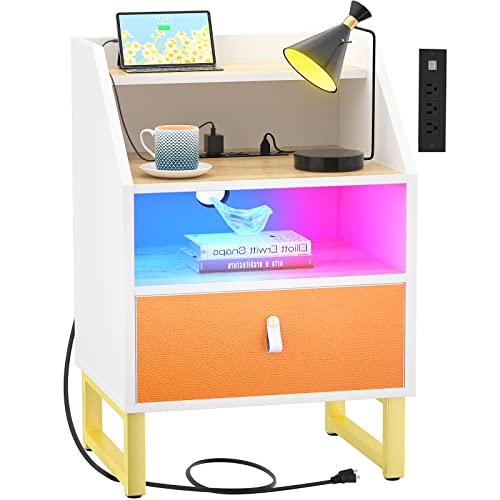 Cyclysio Nightstand with Charging Station and LED Light, 30 Inches Tall Night Stand with Top Baffle,Super Large Storage Space Bedside Tables for Bedroom, Sofa Side