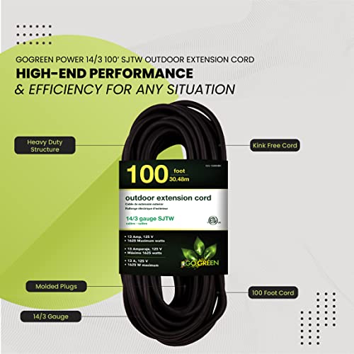 Go Green Power Inc. (GG-13800BK) 14/3 SJTW Outdoor Extension Cord, Black, 100 ft