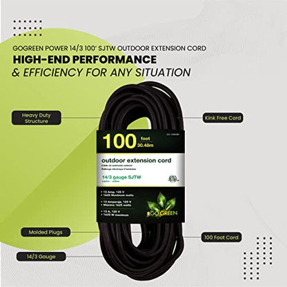 Go Green Power Inc. (GG-13800BK) 14/3 SJTW Outdoor Extension Cord, Black, 100 ft