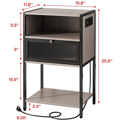 SOOWERY Nightstand with Charging Station, End Table with USB Ports and Outlets, Bedside Tables with Storage Space and Door, for Bedroom, Living Room, Greige