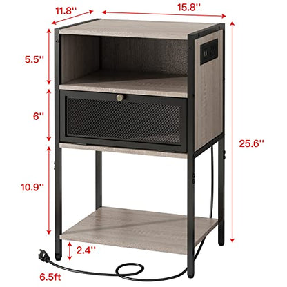 SOOWERY Nightstand with Charging Station, End Table with USB Ports and Outlets, Bedside Tables with Storage Space and Door, for Bedroom, Living Room, Greige