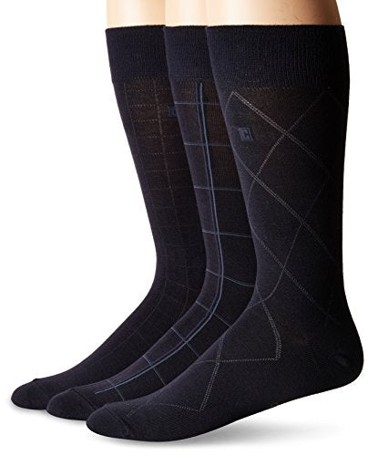 Chaps Men's Classic Dress Crew Socks-3 Pair Pack-Pattern and Solid Color Designs, Dashed Windowpane (Navy), Shoe Size: 6-12