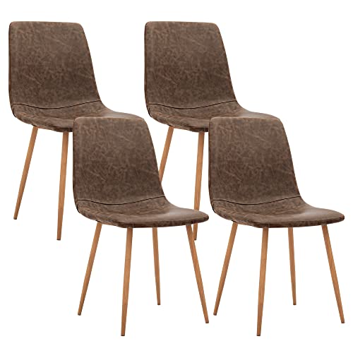 CangLong Set of 4, Kitchen PU Cushion Seat Back, Modern Mid Century Living Room Side Metal Legs Dining chair, Brown