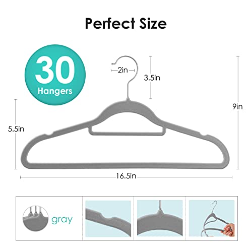 Velvet Hangers Non Slip Felt Hangers, DUDUCOFU 30 Pack Grey Velvet Hangers Clothes Hangers Space Saving Slim Hangers with 360 Degree Swivel Hook for Suits Coats, Jackets, Pants, and Dress Clothes