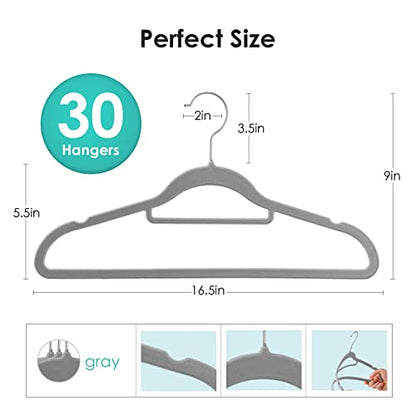 Velvet Hangers Non Slip Felt Hangers, DUDUCOFU 30 Pack Grey Velvet Hangers Clothes Hangers Space Saving Slim Hangers with 360 Degree Swivel Hook for Suits Coats, Jackets, Pants, and Dress Clothes