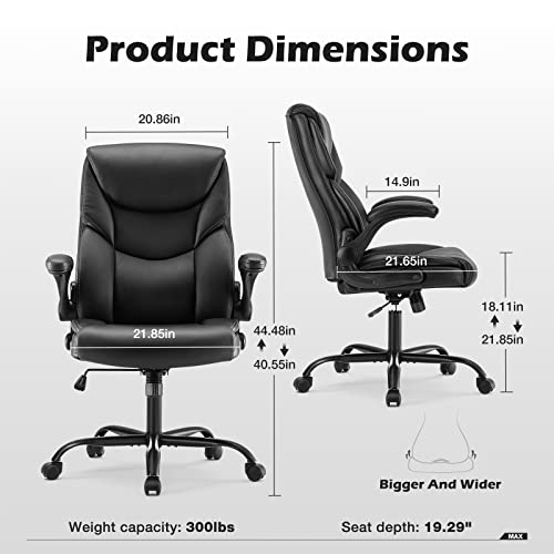 JHK Executive High Back Big and Tall Leather Office Desk Chairs with Flip Up Arms Ergonomic Lumbar Support, Adjustable Height,Wheels, Soft Padded, Black