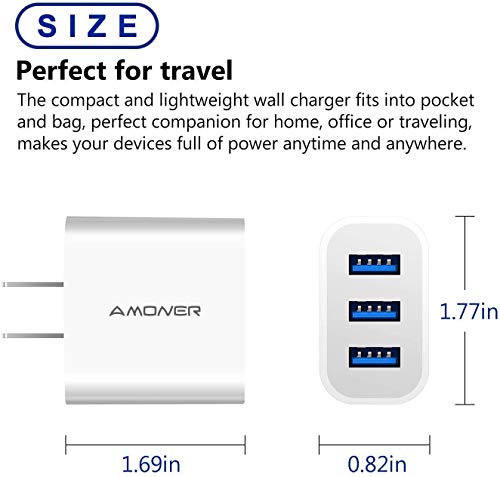 Amoner 2Pack 15W 3-Port Plug Power Adapter for iPhone 14/13/12/11/Pro/ProMax/Xs/XR/X/8, Galaxy S22 S21 and More