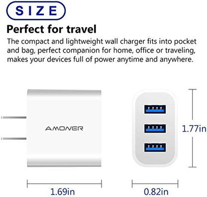 Amoner 2Pack 15W 3-Port Plug Power Adapter for iPhone 14/13/12/11/Pro/ProMax/Xs/XR/X/8, Galaxy S22 S21 and More