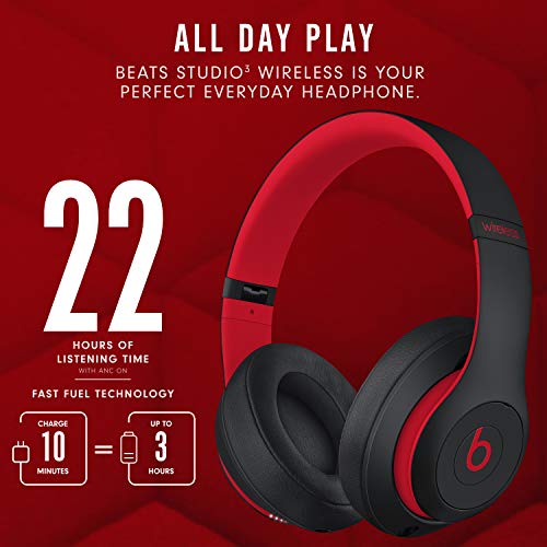 Beats Studio3 Wireless Noise Cancelling Over-Ear Headphones - Apple W1 Headphone Chip, Class 1 Bluetooth, 22 Hours of Listening Time, Built-in Microphone - Defiant Black-Red (Latest Model)