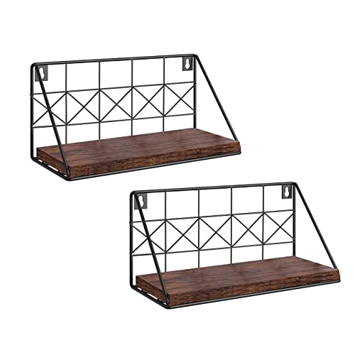 JOIN IRON Floating Set of 2 Wall Mounted Floating Shelves Wood Rustic Storage Shelves for Bedroom, Bathroom, Living Room(Brown)