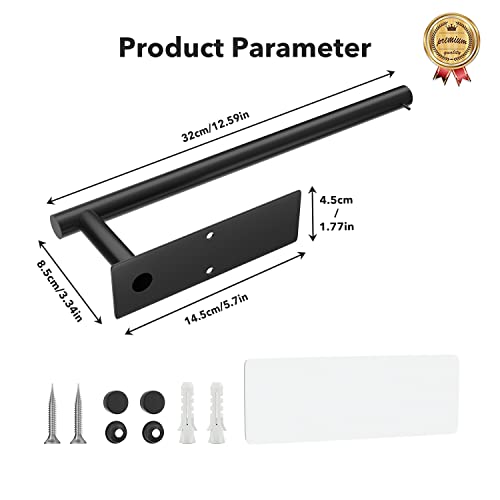 Paper Towel Holder Under Cabinet - Self-Adhesive or Drilling, Matte Black Paper Towel Holder Wall Mount, Towel Rack for Kitchen Organization and Storage, Stainless Steel Kitchen Paper Roll Holder