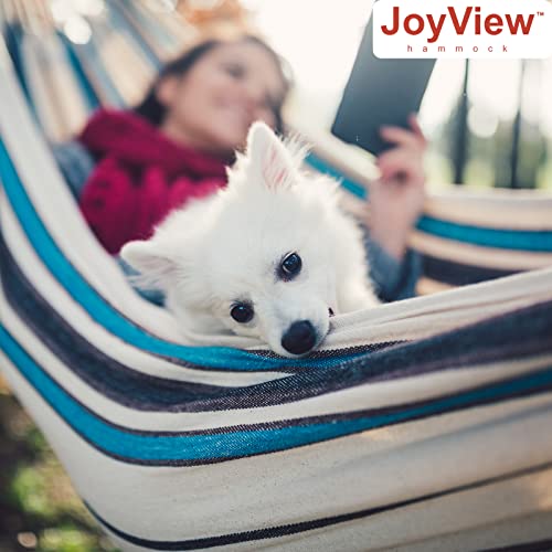 JoyView Brazilian Hammock for Single Preson Portable Hammock with Hanging Ropes & Carry Bag Large 78.8x39.4” Cotton Hammock for Patio 300LBS Capacity Perfect for Outdoor/Indoor - Blue & Green Stripes