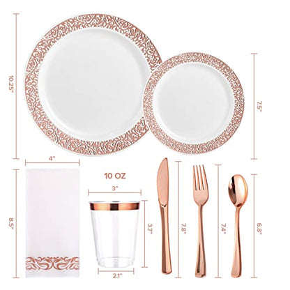 175 Piece Rose Gold Dinnerware Set 25 Guest-50 Rose Gold Lace Plastic Plates-25 Plastic Silverware-25 Plastic Cups-25 Linen Like Paper Napkins, FOCUSLINE Disposable Dinnerware Set