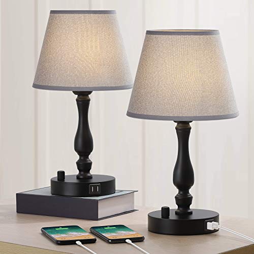 JS NOVA JUNS Set of 2 Table Lamps with 2 USB Charging Ports, Modern Bedside Nightstand Lamps for Bedroom Living Room Office College Dorm, Grey