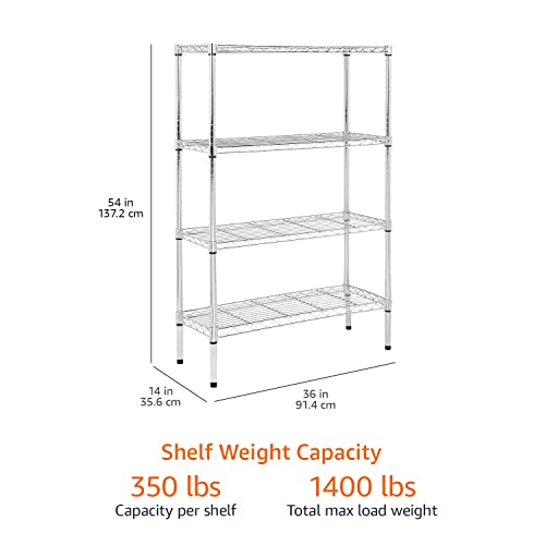 Amazon Basics 4-Shelf Adjustable, Heavy Duty Storage Shelving Unit (350 lbs loading capacity per shelf), Steel Organizer Wire Rack, Chrome Silver, 36" L x 14" W x 54" H
