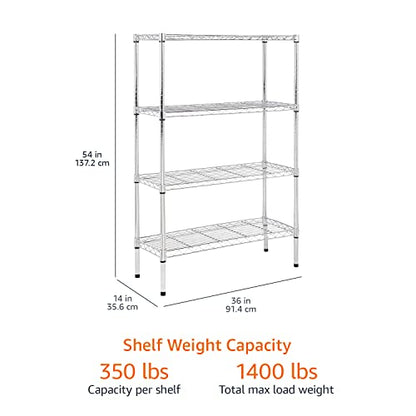 Amazon Basics 4-Shelf Adjustable, Heavy Duty Storage Shelving Unit (350 lbs loading capacity per shelf), Steel Organizer Wire Rack, Chrome Silver, 36" L x 14" W x 54" H