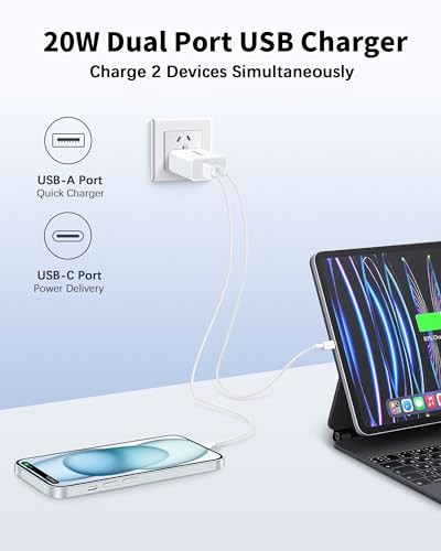 20W USB C Fast Charger for iPhone 15/15 Plus/15 Pro/15 Pro Max, iPad Pro/Air/Mini, AirPods Pro, 3-Pack Dual Port USB C Wall Charger Power Adapter Type C Fast Charging Block with 6FT USB C to C Cable