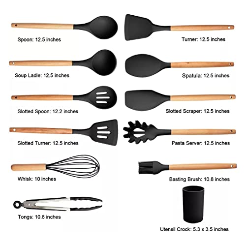 Karangred 12Pcs Silicone Cooking Kitchen Utensils Set with Holder,Wooden Handles Cooking Tool,BPA Free,Non Toxic Turner Tongs Spatula Spoon Kitchen Gadgets Set for Nonstick Cookware (Black)