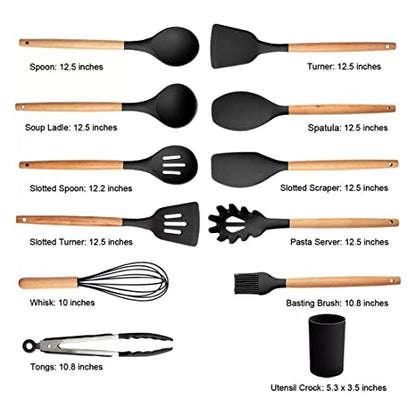 Karangred 12Pcs Silicone Cooking Kitchen Utensils Set with Holder,Wooden Handles Cooking Tool,BPA Free,Non Toxic Turner Tongs Spatula Spoon Kitchen Gadgets Set for Nonstick Cookware (Black)