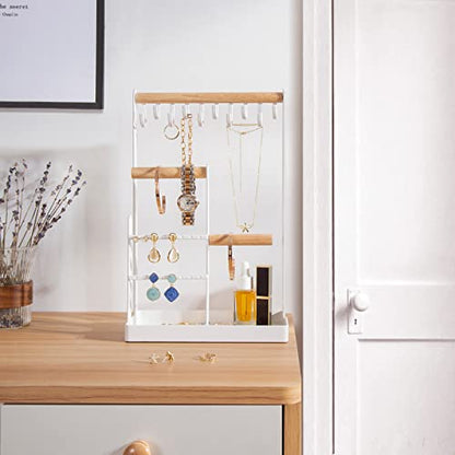 ProCase Jewelry Organizer Stand Necklace Holder, 4-Tier Jewelry Tower Rack with Earring Tray, 10 Hooks Necklaces Hanging Small Jewelry Display Storage Tree for Bracelets Earrings Rings Watches -White