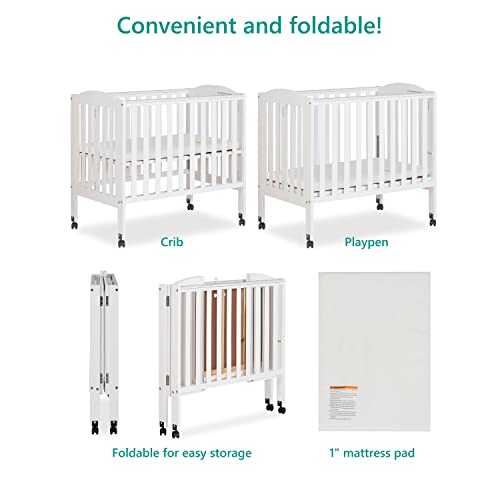 Dream On Me 2-In-1 Portable Folding Stationary Side Crib In White, Greenguard Gold Certified, Two Adjustable Mattress Height Positions,Made Of Solid Pinewood, Flat Folding Crib