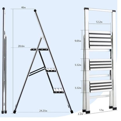 LANBITOU 3 Step Ladders for Home Step, Lightweight Folding 3 Step Stool with Wide Anti-Slip Pedal, 300lbs Sturdy Aluminum Ladder with Handrais, Portable Ladder, Step Ladder for Kitchen Household