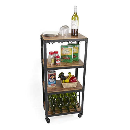 Mind Reader Bar Cart, Wine Rack, Kitchen Storage, Rolling, Utility Cart, Storage, Wood, Metal, 17.85"L x 12"W x 39"H, Brown