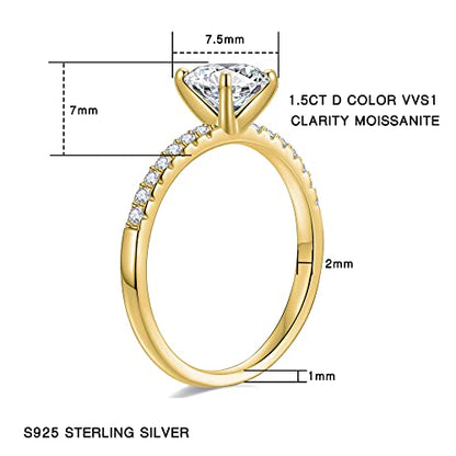 1.5CT Gold Moissanite Rings for Women, D Color VVS1 Clarity Brilliant Cut Classic Solitaire Moissanite Wedding Rings S925 Sterling Silver Four Prongs Moissanite Engagement Ring for Women Gifts(6.5#)