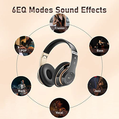 Falebare Bluetooth Headphones Over Ear, 6S Wireless Headphones Wired with 6 EQ Modes, 40 Hours Playtime Foldable HiFi Stereo Headset with Microphone, FM/TF for Cellphone/PC/Work (Black & Gold)
