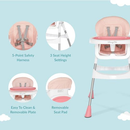 Dream On Me Portable 2-in-1 Tabletalk High Chair, Convertible Compact Light Weight Highchair, Pink