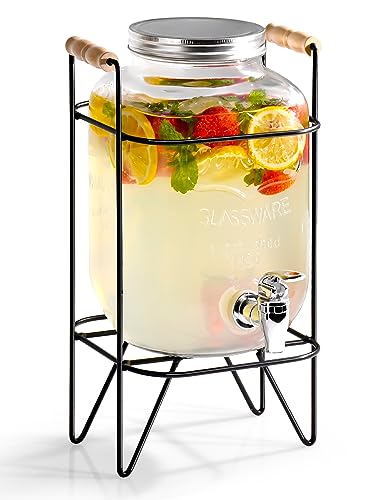 Glass Beverage Dispenser with Sturdy Metal Base and Spigots - 4L Capacity, Sealed Wooden Lid, Wine Barrel Ideal for Beverages, Alcohol, Kombucha and Detergent