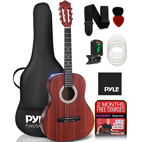 Pyle Acoustic Guitar Kit, 4/4 Full Size All Wood Classical Instrument for Beginners, Adults, 39" Sapele