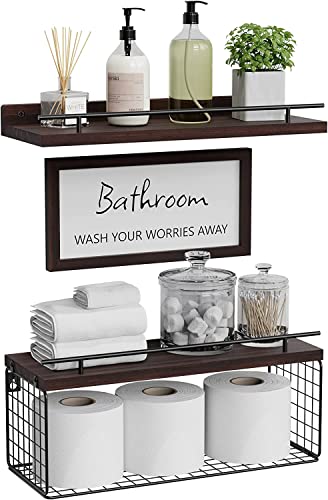 WOPITUES Floating Shelves with Bathroom Wall Décor Sign, Wood Floating Bathroom Shelves over Toilet with Toilet Paper Storage Basket Set of 3, Floating Shelf with Guardrail for Wall Décor–Rustic Brown