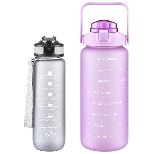 VOGVOG 2 Pack Water Bottles 64 Oz + 27 Oz, Sport Water Bottle with Straw & Time Marking,Gym Drinks Bottle, Half Gallon Motivational Water Jug for Women, BPA Free