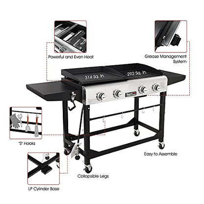 Royal Gourmet GD401 Portable Propane Gas Grill and Griddle Combo with Side Table | 4-Burner, Folding Legs,Versatile, Outdoor | Black 66 Inch